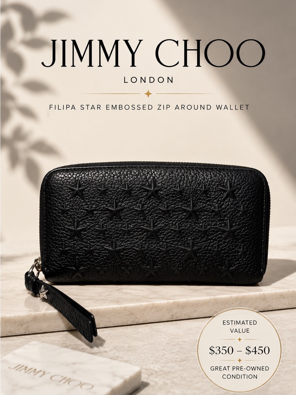 Jimmy Choo Filipa Star Embossed Zip Around Wallet Black Leather Made in Italy